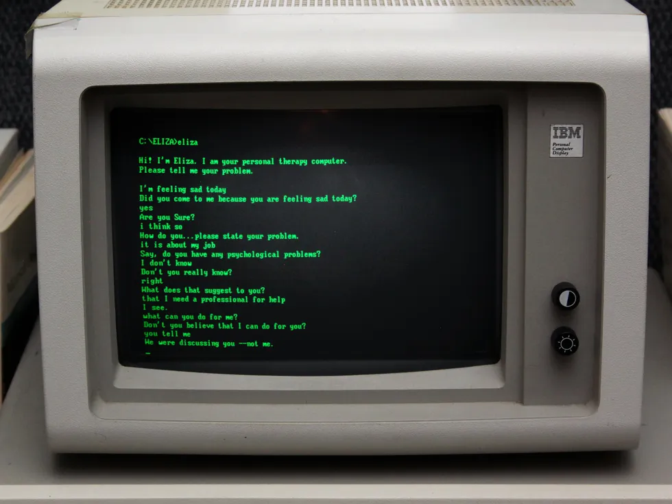 A 1960s chatbot program running on a 1980s IBM personal computer.