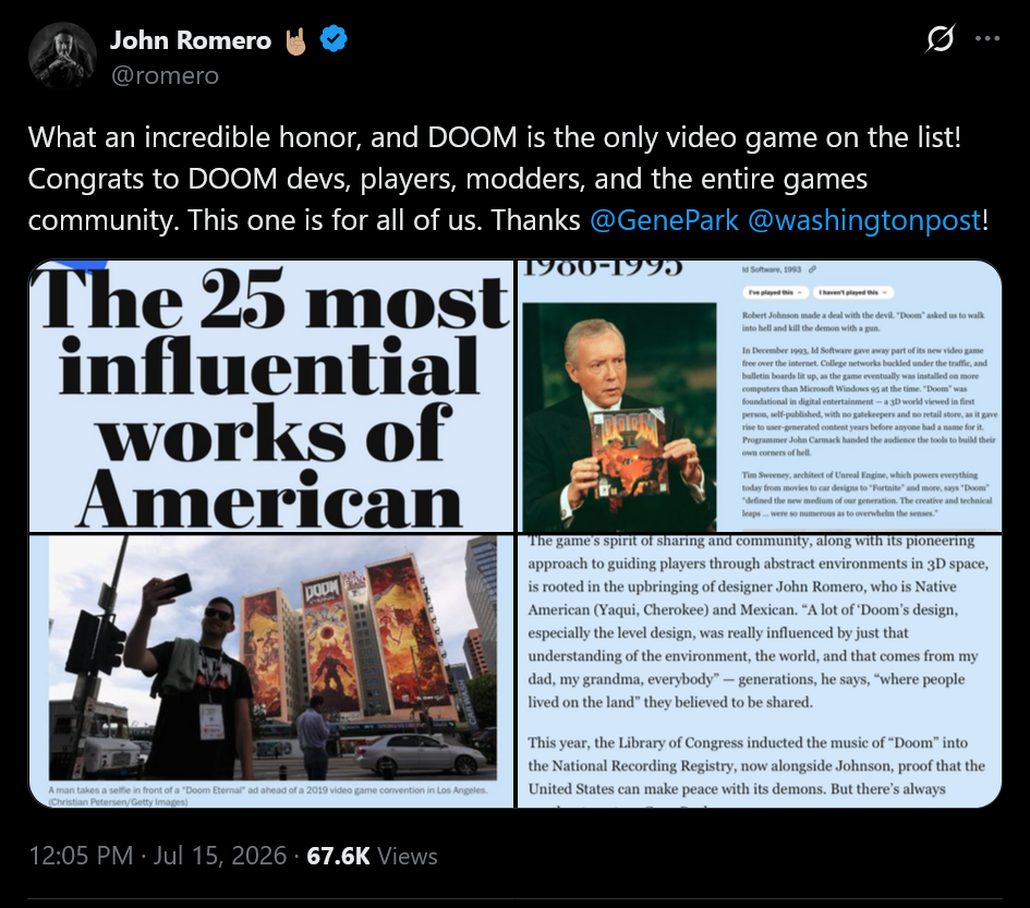 The Washington Post selects Doom as one of the 25 'most influential works of American culture'
