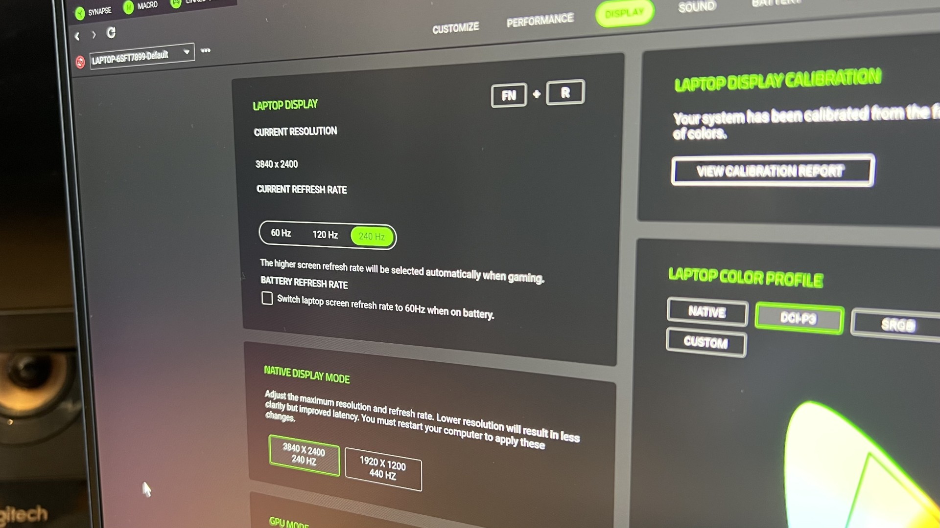 Close up on Razer Synapse software running on a Blade 18 gaming laptop, showing dual 4K and 1200p resolution options