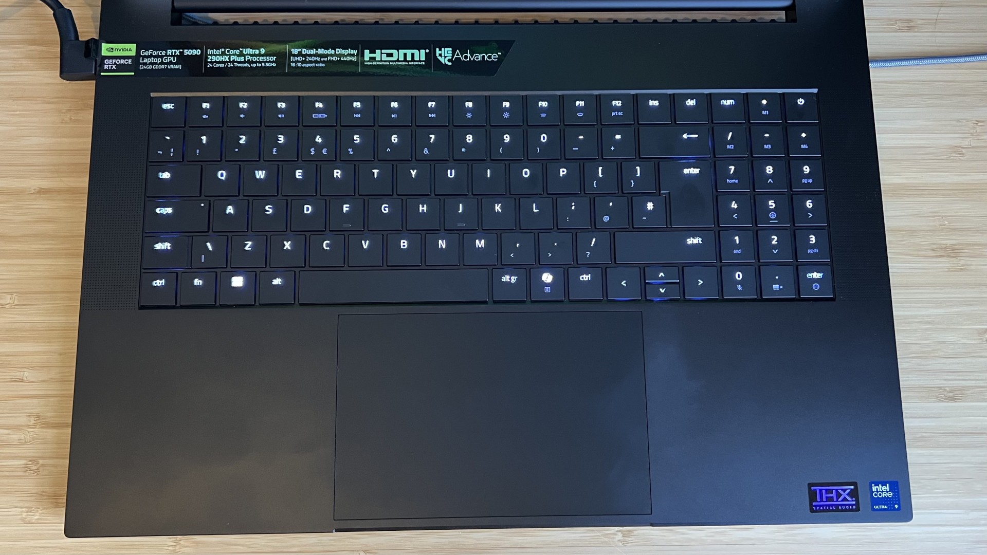 Top down view of Razer Blade 18 gaming laptop keyboard and trackpad