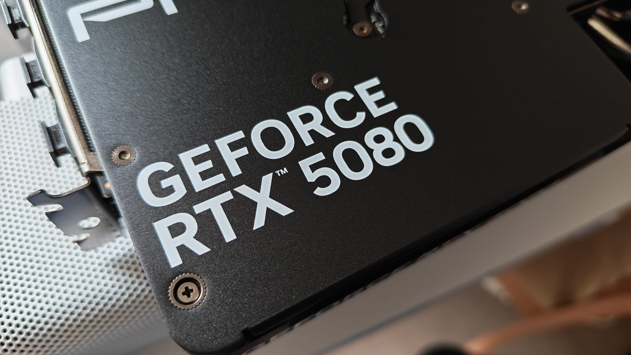 The GeForce RTX 5080 branding on the PNY GeForce RTX 5080 OC Slim