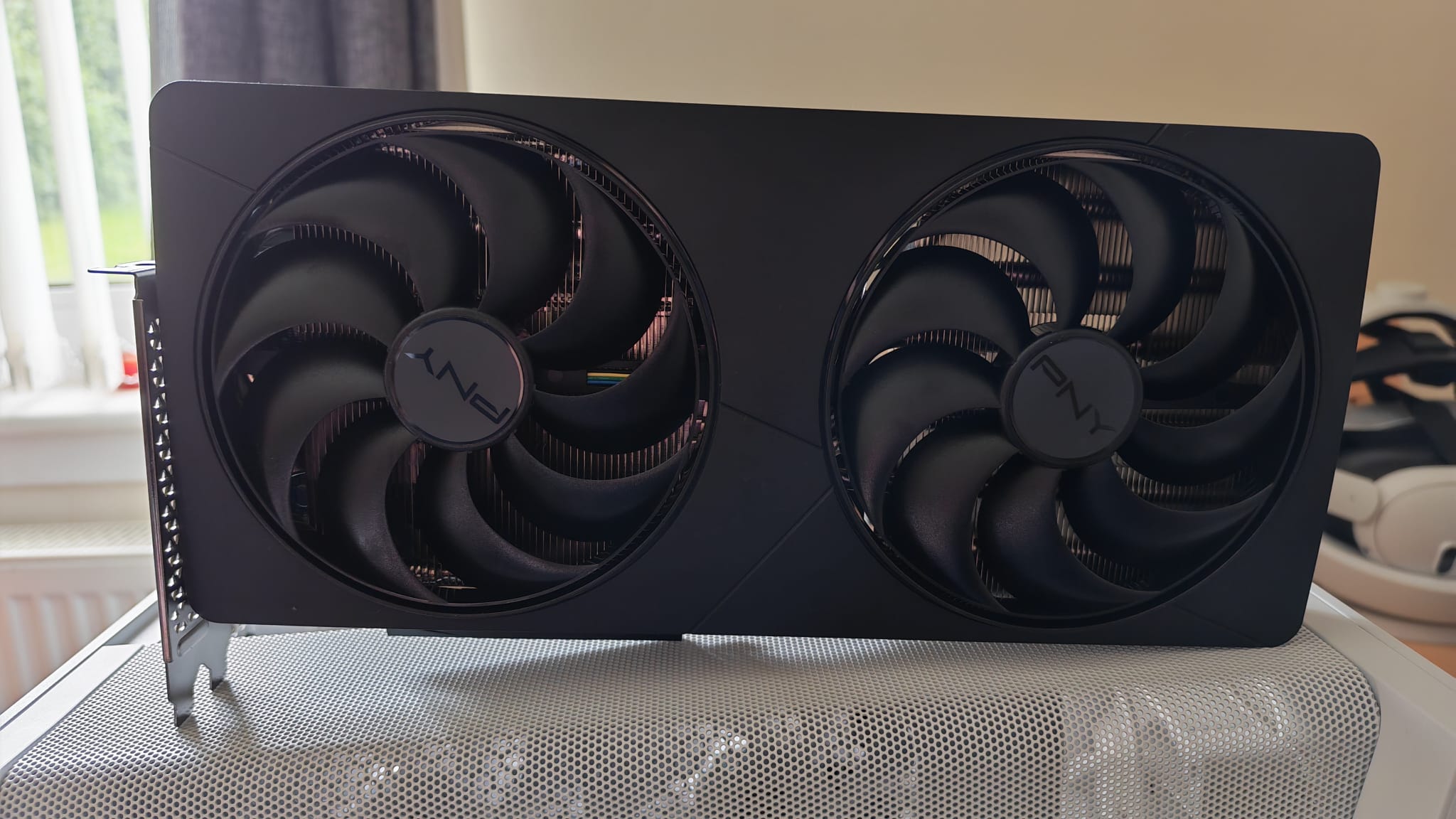 The large 120mm fans of the PNY GeForce RTX 5080 OC Slim