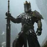 A warrior in heavy armor stands in the cold.
