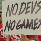 Photo from a protest in Maryland at ZeniMax studios
