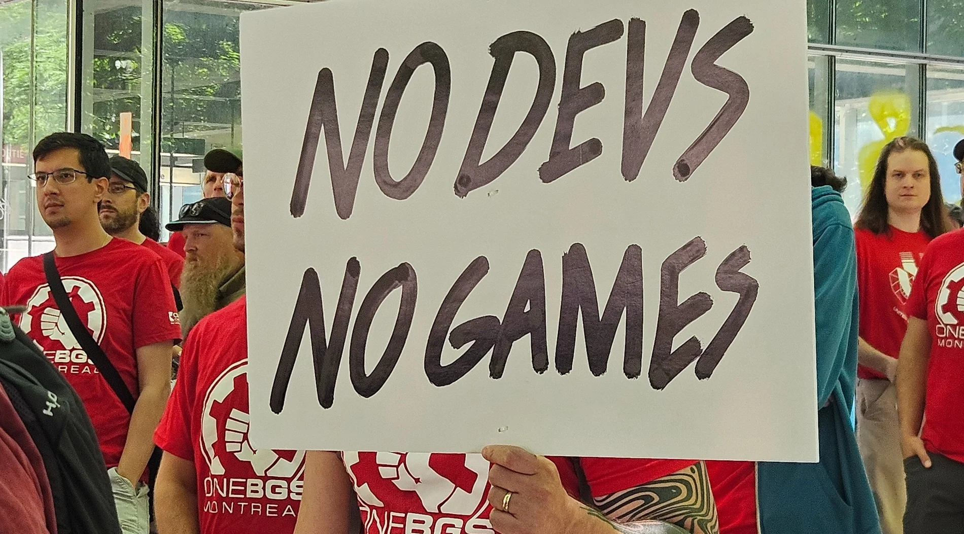 Photo from a protest in Maryland at ZeniMax studios