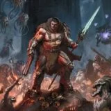 Doom guy wears a fur on a mound of dirt in front of Demons.