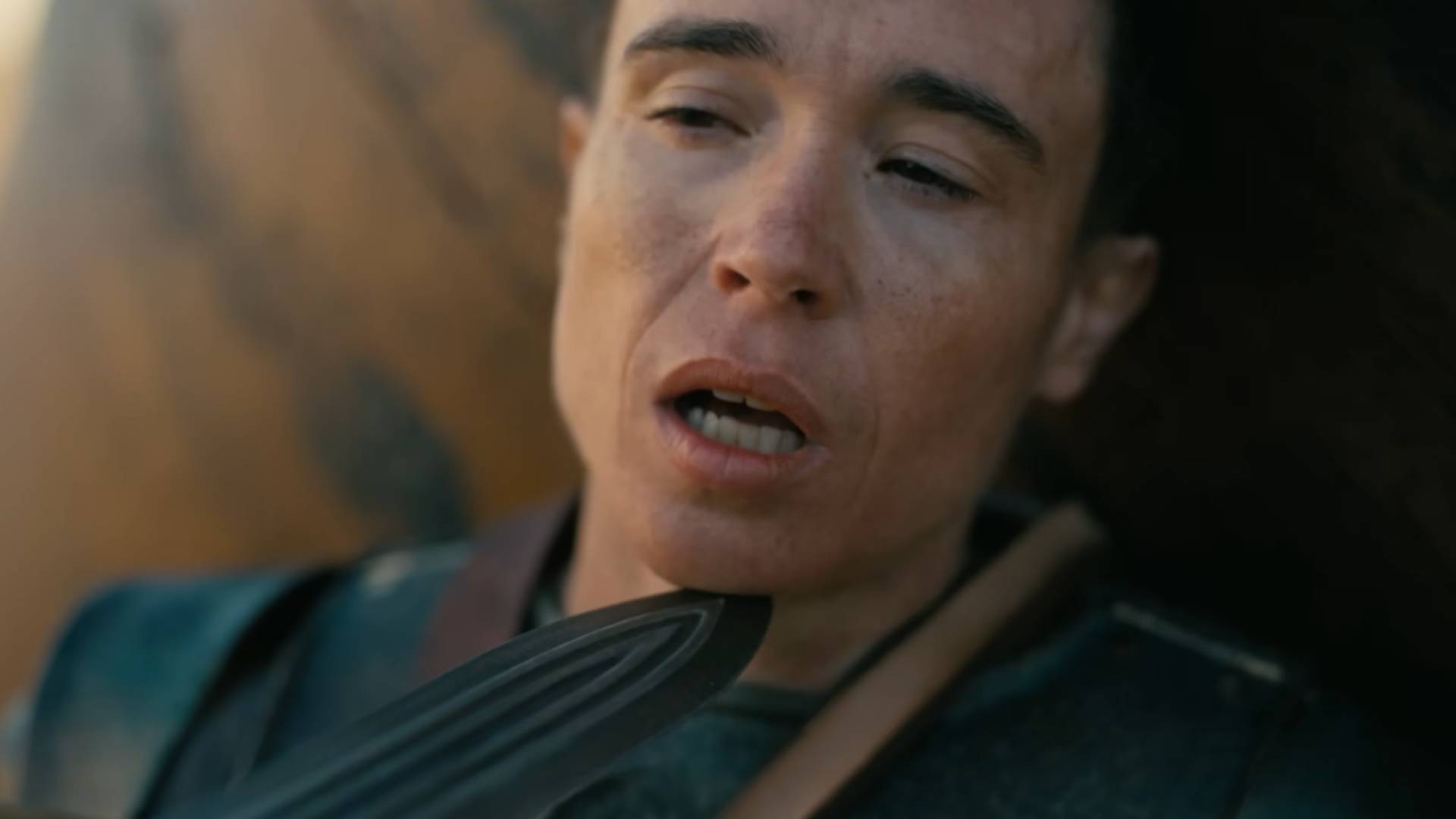 Elliot Page as Sinon at sword point in The Odyssey