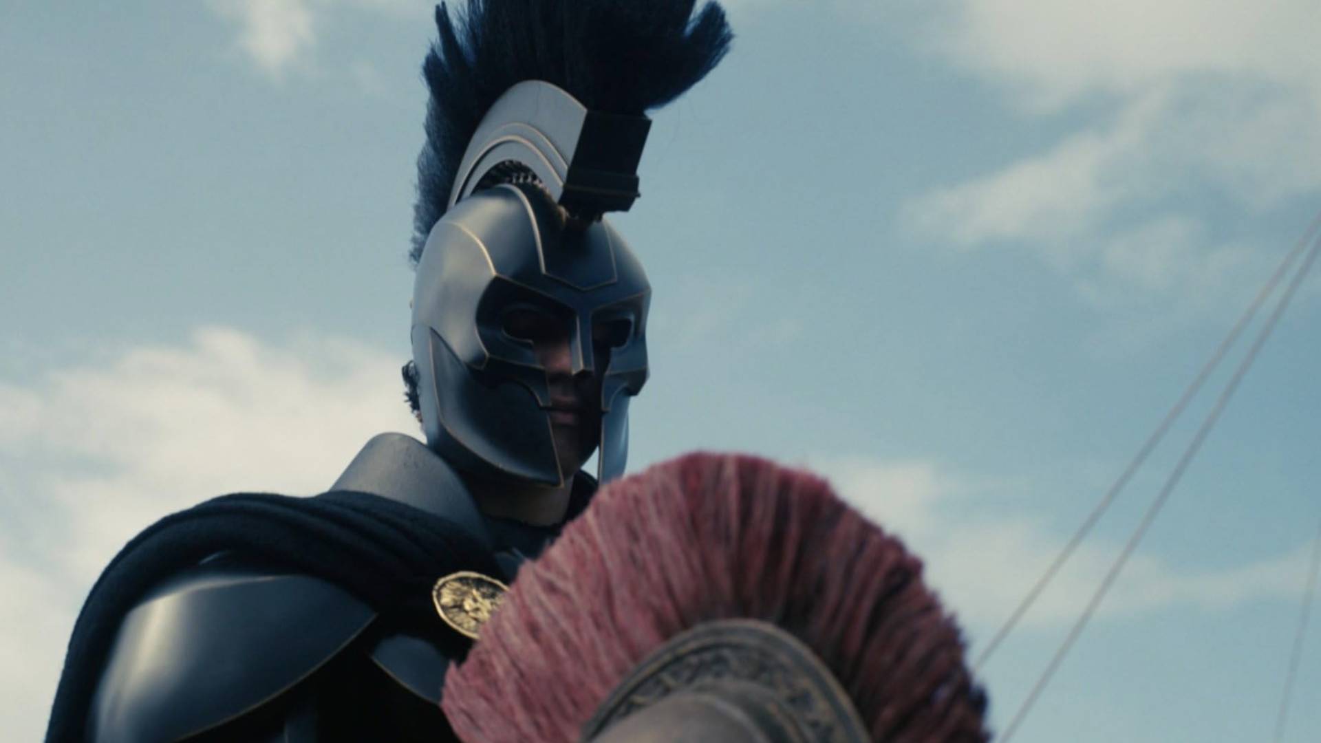 Benny Safdie as Agamemnon in black armour in The Odyssey