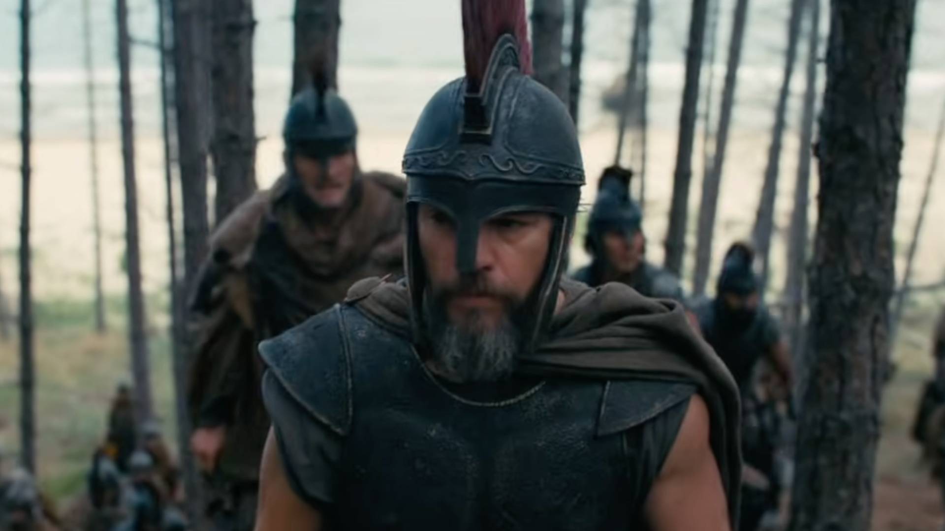Matt Damon as Odysseus in armour in The Odyssey