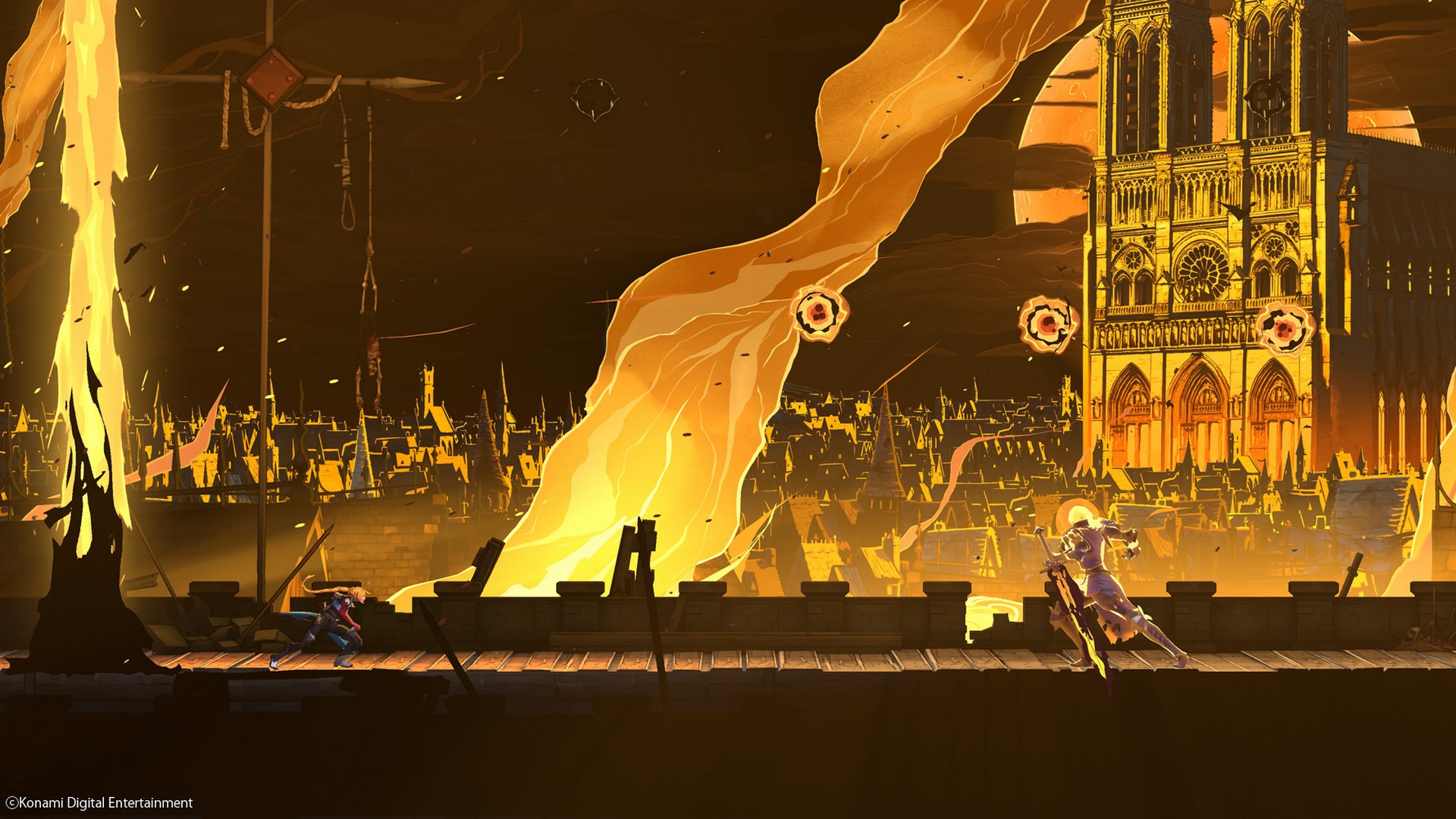 The rooftops of Paris are lit stark yellow and orange as a fire burns in Castlevania: Belmont's Curse