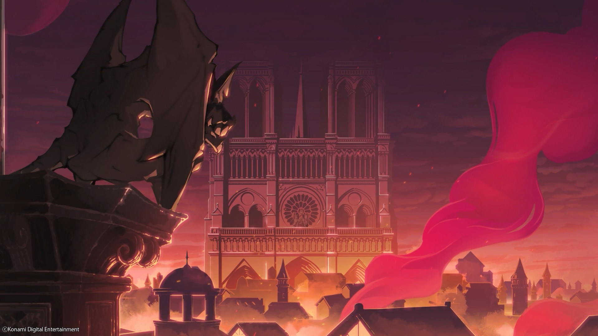 A gargoyle watches over Paris in Castlevania: Belmont's Curse towards the Notre Dame, with smoke billowing from a street