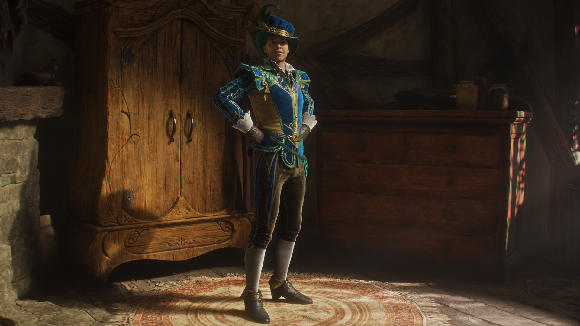 The protagonist of Fable (2026) standing in front of a wardrobe trying on a fancy blue outfit